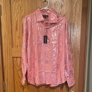 Barry Wang Pink Shiny Men's Button Up Long Sleeve Shirt Medium NWT